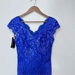 Tadashi Shoji Bright Cobalt Blue Embroidered Lace V Neck Sequin Cap Sleeve‎ thumbnail 5