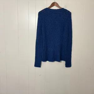 Free People Blue Open Knit Crewneck Sweater S Boho Slouchy Pointelle Pullover thumbnail 8