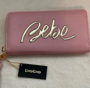 bebe Pink Zip-Around Wallet Wristlet with Gold Logo thumbnail 1