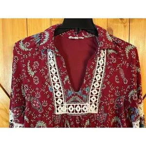 Entro Anthropologie Boho Lace Tunic Shift Dress Red Floral Women Small (0948) thumbnail 4