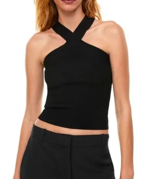 Babaton Black‎ Ribbed Sculpt Knit Crisscross Halter Crop Top Size S thumbnail 1