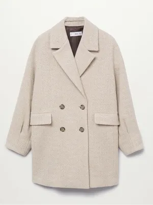 Mango Wool Blend Herringbone Double Breasted Coat Neutral Beige Medium New NWT thumbnail 5
