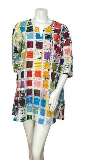 Handmade Tunic Top Bold Print Women Pockets Colorful Busy Pattern Funky Casual‎ thumbnail 1