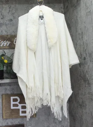 INC International Concepts Fringe Faux Fur Collar Topper Poncho Ivory Off White thumbnail 1