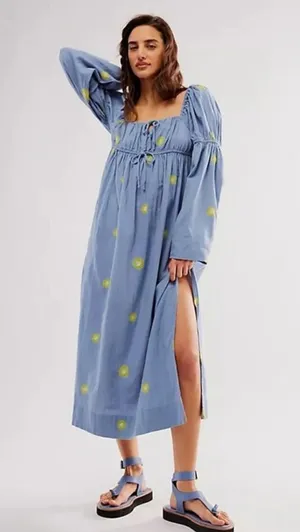 Free People embroidered linen midi dress size large thumbnail 1