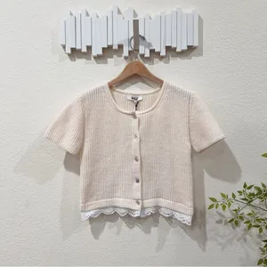 Jacquie The Label Cream Short Sleeve Knit Cardigan Star Buttons Lace Trim Top thumbnail 2