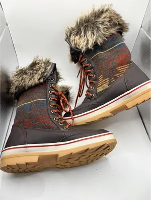 Celebrity Pink Mid-Calf Snow Boots Brown Aztec Faux Fur Lace-Up 7M Women thumbnail 5