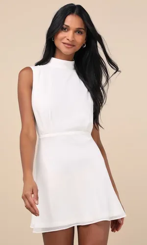 NWT Lulus Classic Elegance White Chiffon Sleeveless Mock Neck Mini Dress Size M thumbnail 1