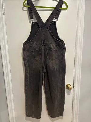 Black denim overalls jumpsuit Sz:L acid washed relaxed fit wide leg Baggy. thumbnail 2