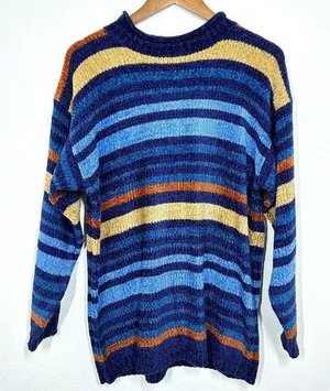 Vintage Chenille Blue‎ Gold Striped Mockneck Sweater 90s Size Medium thumbnail 1