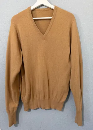 Wool Women Camel Knit Sweater M Tan V-Neck Long Sleeve Classic Minimalist Preppy thumbnail 1
