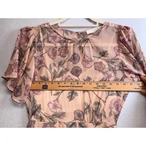 ASTR The Label Peach Floral Flutter Sleeve Metallic Stripe Midi Dress XS Womens thumbnail 9