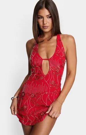 Princess Polly Telenova red sequin halter mini dress thumbnail 1