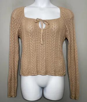 American Eagle Crochet Knit Sweater Size XL Tan Pointelle Boho Romantic Y2K thumbnail 1