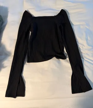 Madewell Black Ribbed Off-Shoulder Long Sleeve Top thumbnail 1