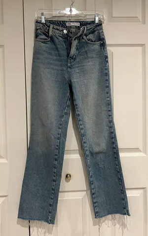 ZARA High-Rise Straight Leg Jeans in Light Blue thumbnail 1