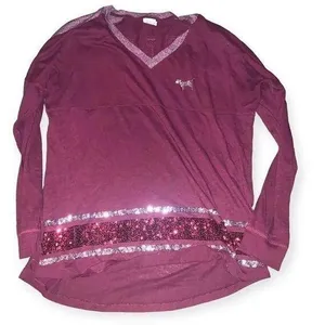 Victoria's Secret PINK Sequin Bling V-Neck Varsity Crew Tee Maroon Medium thumbnail 1