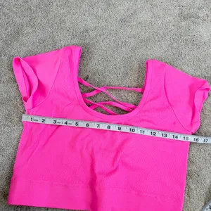 aerie Ribbed Crop Top Shirt Shortsleeve Back Criss Cross Straps in Pink Neon XXL thumbnail 8