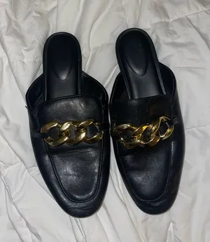 A New Day Black Leather Slide Mules with Gold Chain Accent Sz 9.5 thumbnail 1