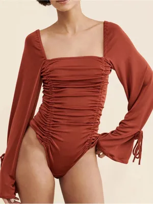 Free People Meant to Be Ruched Bodysuit Rust Red Size Large thumbnail 1