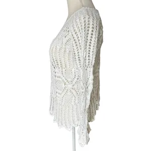 White Crochet Knit Sweater Top Long Sleeve Size S Boho Coquette boho coastal thumbnail 2