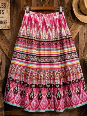 Harold’s Southwestern Boho Tiered Midi Skirt 4 Pink Ikat Festival Cottagecore thumbnail 1