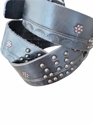 Lucky Brand NWTs Black Leather Floral Embossed Studded Belt size XL thumbnail 2