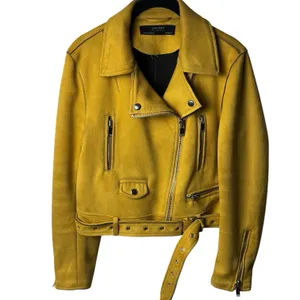 Zara Faux Suede Mustard Yellow Moto Jacket Belted Biker Zip Fall Grunge M thumbnail 2