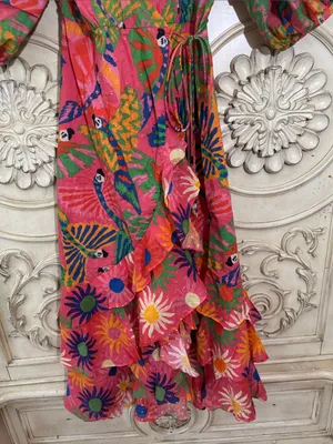 FARM Rio Coral Mixed Graphic Macaws Puff Sleeve Ruffle Hem Midi Wrap Dress XS thumbnail 6