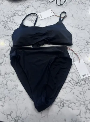 NWT Quince Black Italian Scoop Neck Bikini Top & High Rise High Leg Bottoms Med thumbnail 1