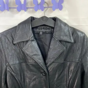 Vintage JLC women's black genuine leather collared button‎ pocket lined jacket M thumbnail 3