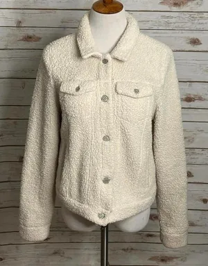 Mudd beige long sleeve sherpa/faux fur button-down trucker jacket Size Large thumbnail 1