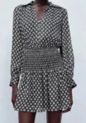 Zara Geometric Smocked Waist Long Sleeve Dress XS NWT thumbnail 1