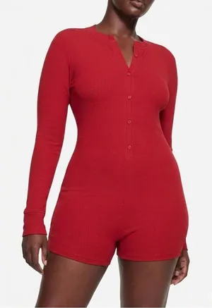 Skims brick soft lounge button up Henley romper NWT medium thumbnail 1