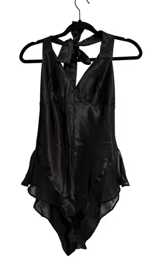 Moon Collection Sultry Satin Black Mesh Ruffle‎ Bow Halter Bodysuit Small thumbnail 1