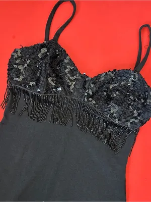 Vintage Black Beaded Fringe Mini Bodycon Dress thumbnail 8