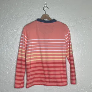 LL Bean Coral White Striped‎ Rugby Henley Shirt Long Sleeve Womens Small thumbnail 2