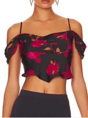 Free People Cassandra NEW Floral Cold Shoulder Flutter Crop Top Black Corset L thumbnail 1