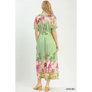 Umgee Mix Floral‎ Border Print Midi Dress - Sage Mix - Small thumbnail 4