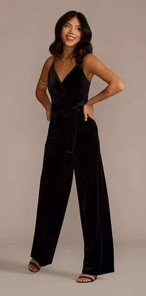 David’s Bridal V-Neck Velvet Jumpsuit with Tie Waist thumbnail 1