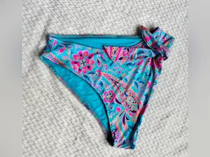 Frankie's Bikinis Scarf Bikini Bottom L Side Tie Blue Multicolor Paisley Hi Leg thumbnail 2