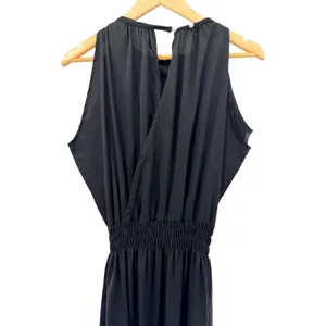 SheBird Emma Black Satin Knit Bateau Neck Built‎ In Bra Midi Dress Smocked M L thumbnail 4