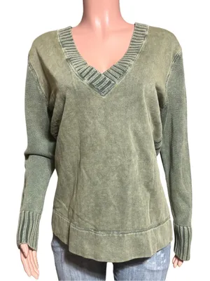 V neck knit fleece mix pullover sweater top L thumbnail 2