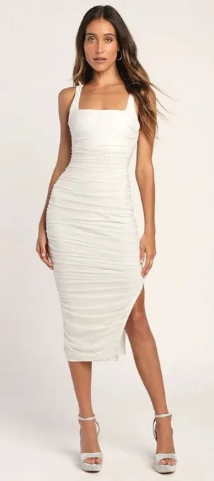 NWT Lulus V.I.P. Treatment White Mesh Ruched Bodycon Midi Dress Party Sexy Sz M thumbnail 1