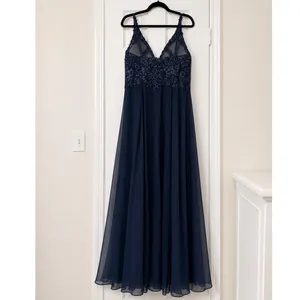 JJs House Navy Lace Chiffon Formal Gown High Slit Adjustable Straps Maxi Dress thumbnail 5