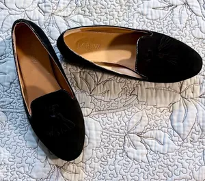 ☀️J.Crew Black Faux Suede Tassel Smoking Loafers Flats Sz 8.5🧡 thumbnail 1