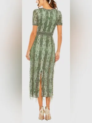 NEW MAC DUGGAL High Neck Short Sleeve Crystal Fringe Column Sage green Dress 10 thumbnail 3