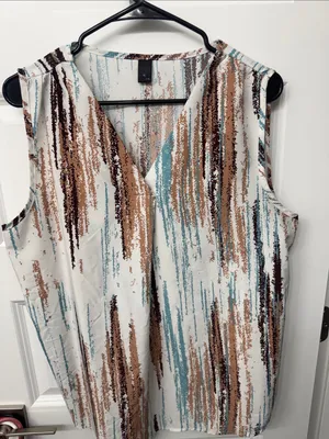 Sleeveless V-Neck Striped Abstract Print Top - White/Blue/Brown thumbnail 1
