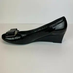 Stuart‎ Weitzman Wedge Heels 5.5 Black Patent Leather Silver Bow Office Career thumbnail 10