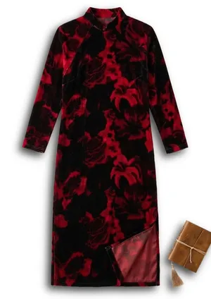 Red Black Floral Velvet Qipao Mandarin Collar Midi Dress Long Sleeve One Size thumbnail 1